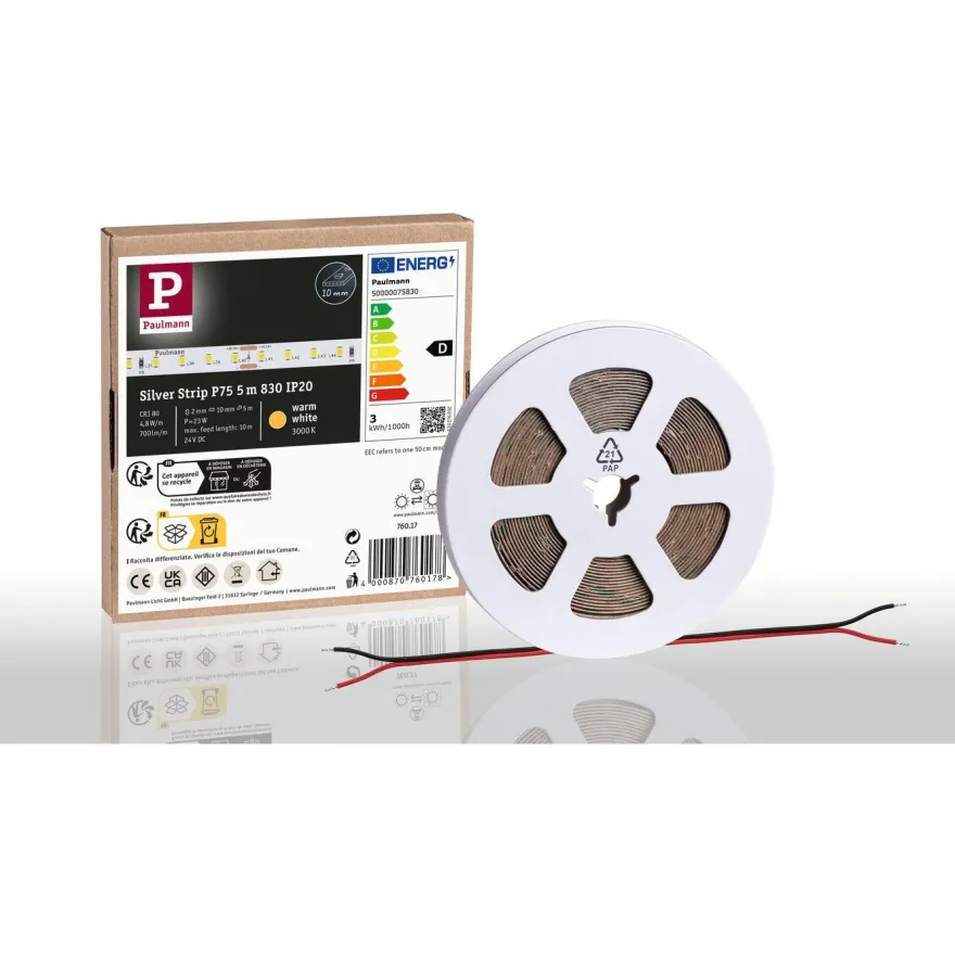 LED-valonauha Paulmann ProStrip Silver, P75, 830, 5m, 23W, 700lm/m, 96LEDs/m, 3000K