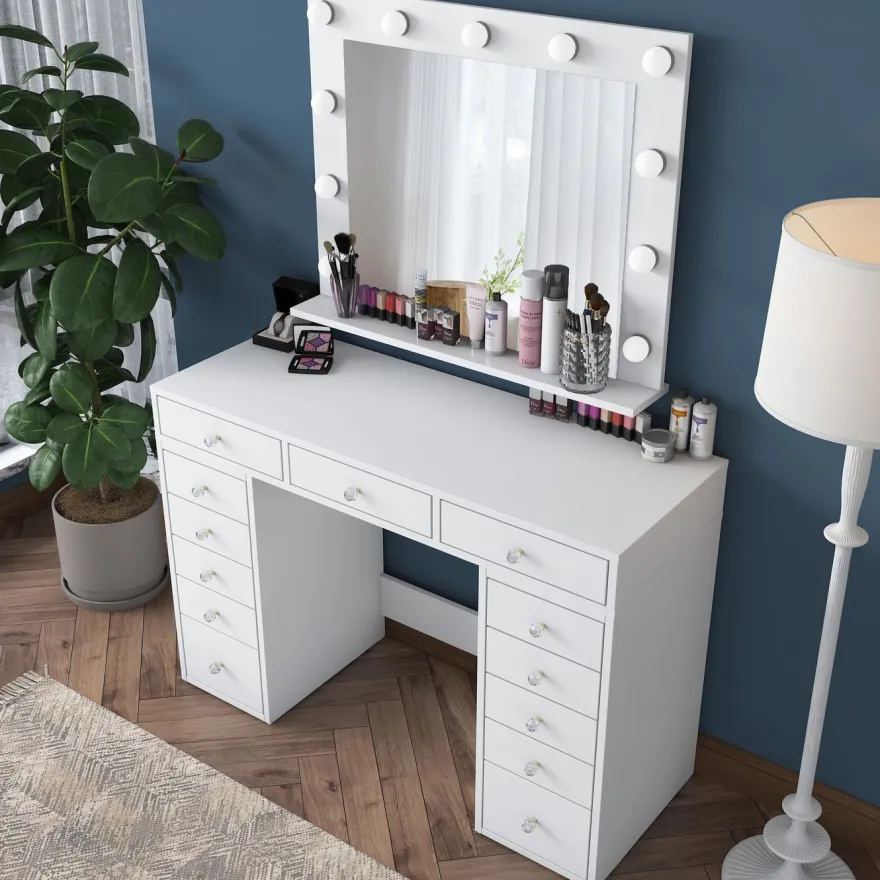 Meikkipöytä Linento Furniture BJ119 - 2895 peilillä, valkoinen