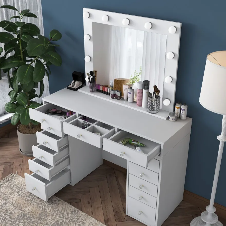 Meikkipöytä Linento Furniture BJ119 - 2895 peilillä, valkoinen