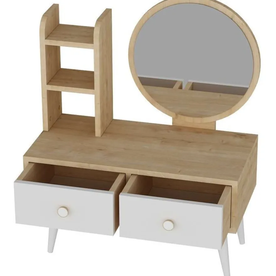 Meikkipöytä peilillä Linento Furniture Cindy, vaaleanruskea/valkoinen