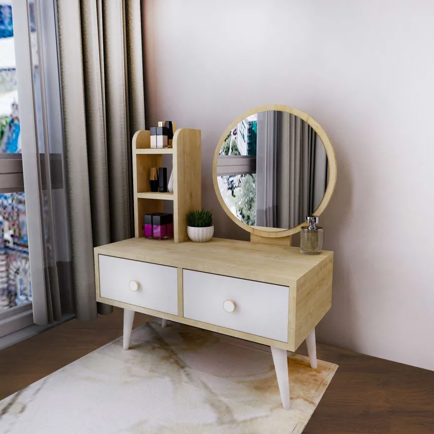 Meikkipöytä peilillä Linento Furniture Cindy, vaaleanruskea/valkoinen