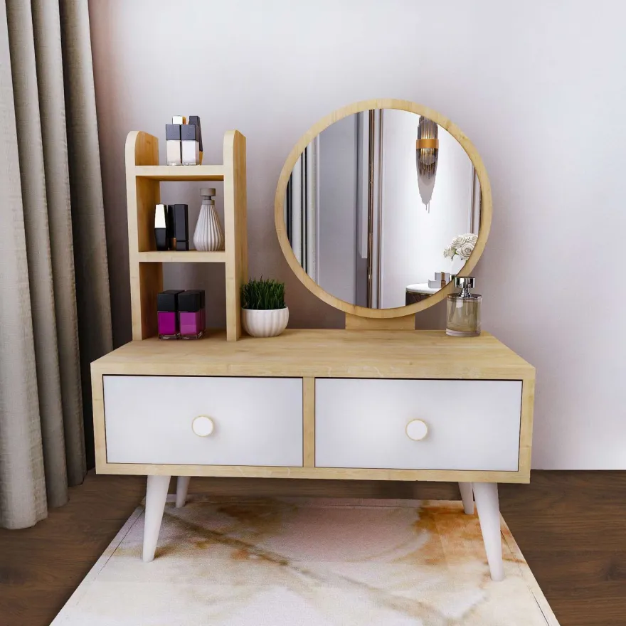 Meikkipöytä peilillä Linento Furniture Cindy, vaaleanruskea/valkoinen