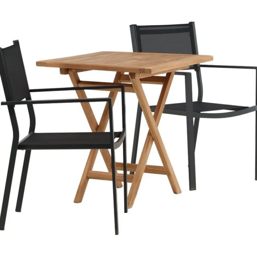Parvekeryhmä Venture Home, 70x70cm Kenya-pöytä + 2 mustaa, pinottavaa Copacabana-tuolia
