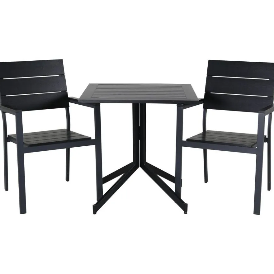Parvekeryhmä Venture Home, 70x70cm Way-pöytä + 2 mustaa, pinottavaa Levels-tuolia