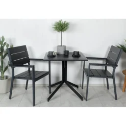 Parvekeryhmä Venture Home, 70x70cm Way-pöytä + 2 mustaa, pinottavaa Levels-tuolia