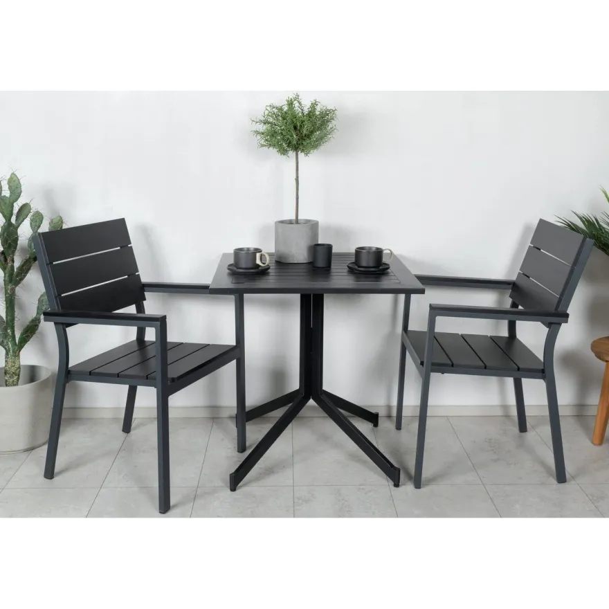 Parvekeryhmä Venture Home, 70x70cm Way-pöytä + 2 mustaa, pinottavaa Levels-tuolia