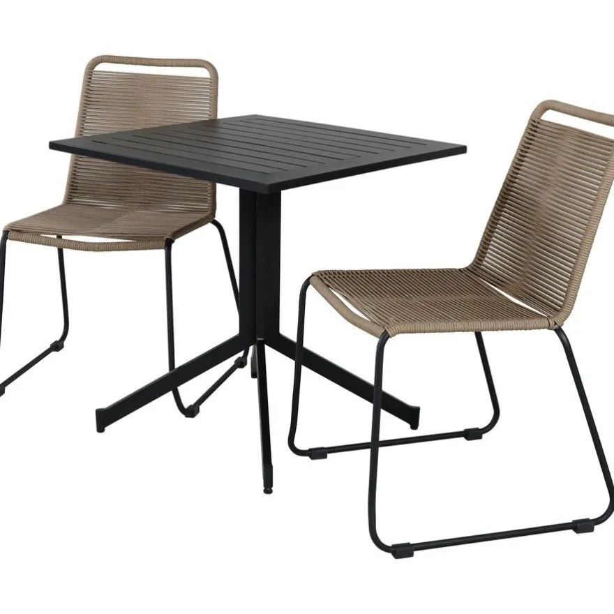 Parvekeryhmä Venture Home, 70x70cm Way-pöytä + 2 ruskeaa, pinottavaa Lindos-tuolia