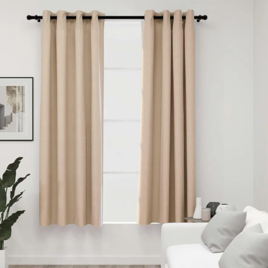 Pellavamaiset pimennysverhot renkailla 2 kpl beige 140x175cm