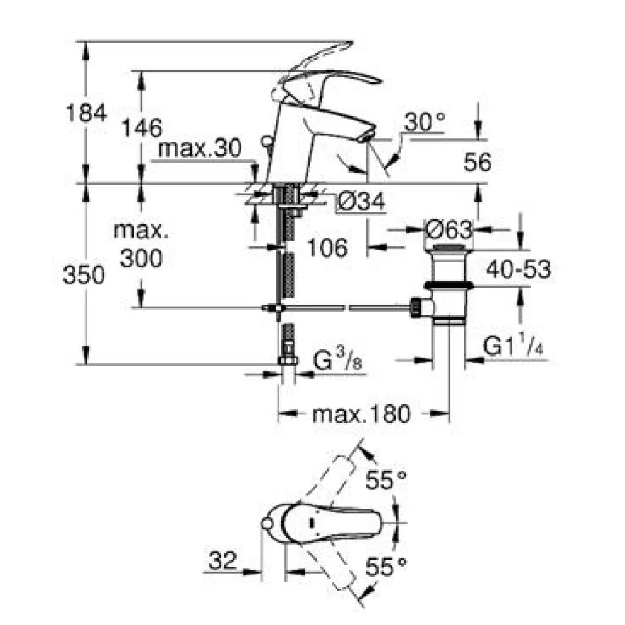 Pesuallashana Grohe Eurosmart, vipupohjaventtiili, normaali juoksuputki (33265002)