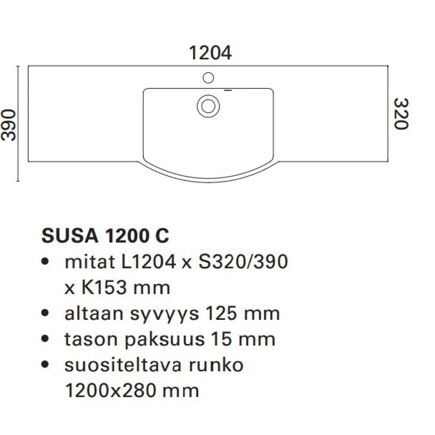 Pesuallas Susa, 1204x390x153mm, valkoinen