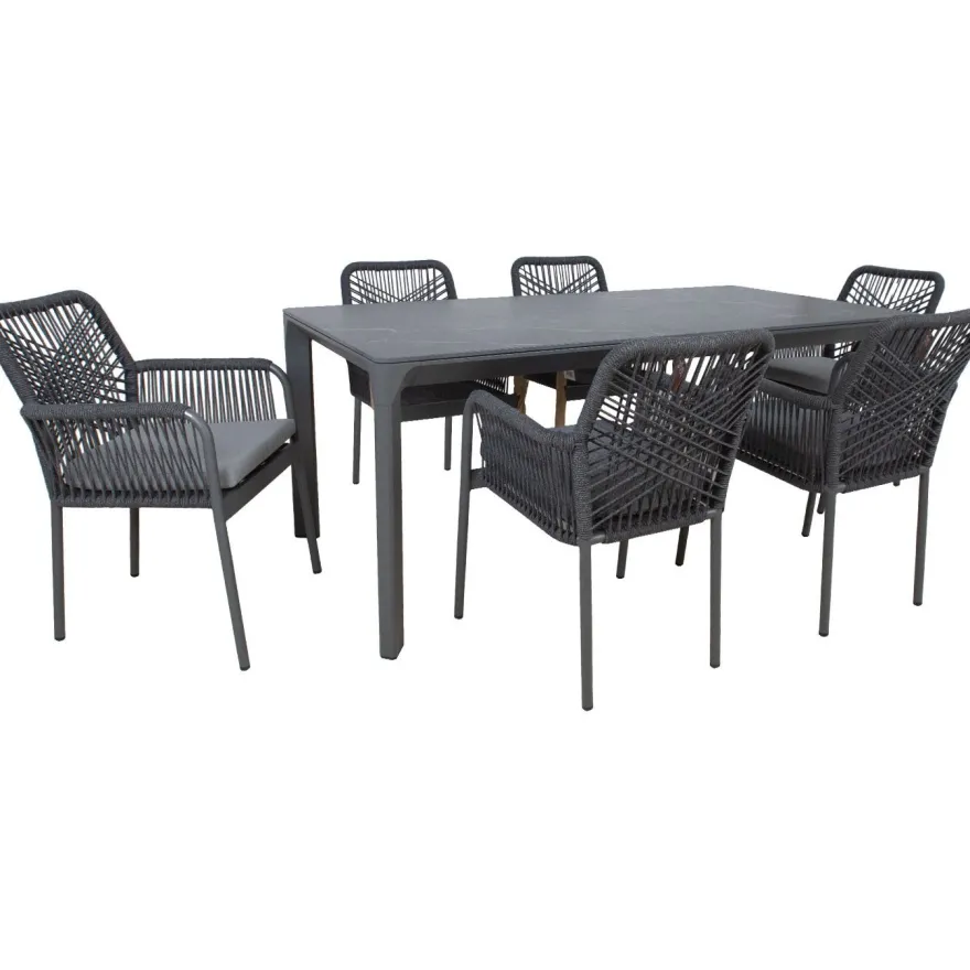 Puutarhakalustesetti Home4You CARVES olefiiniköysipunostuoleilla, 6 tuolia, harmaa