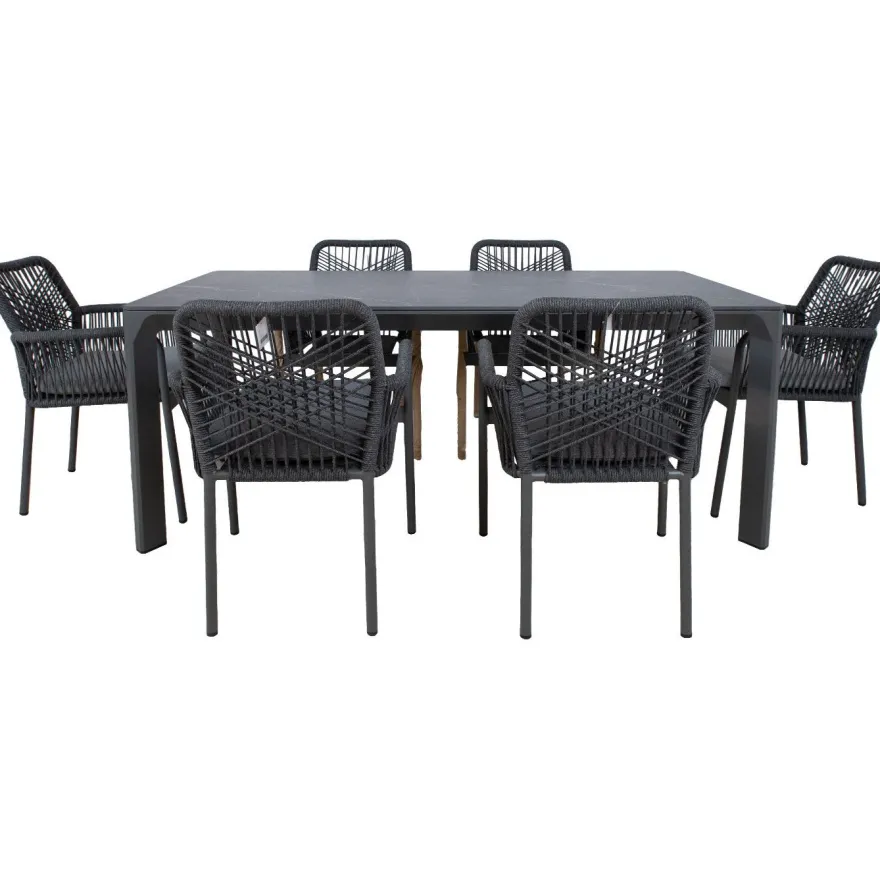 Puutarhakalustesetti Home4You CARVES olefiiniköysipunostuoleilla, 6 tuolia, harmaa
