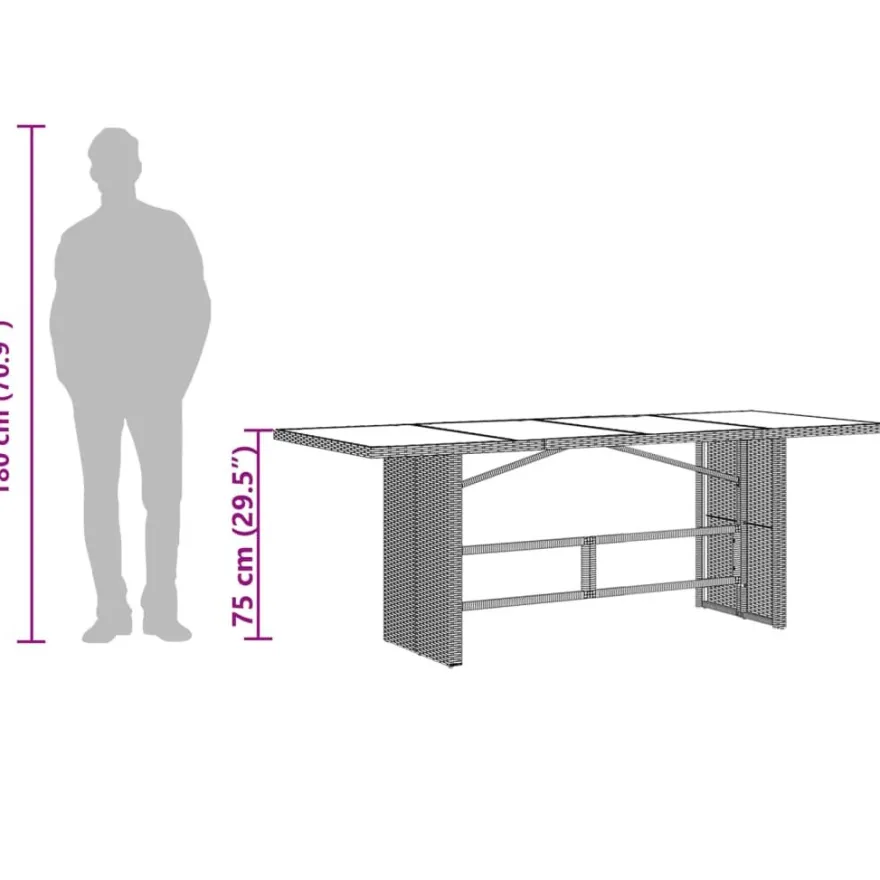 Puutarhapöytä polyrottinki, 190x80x75 cm, eri pöytälevymateriaalit ja värit (33233)