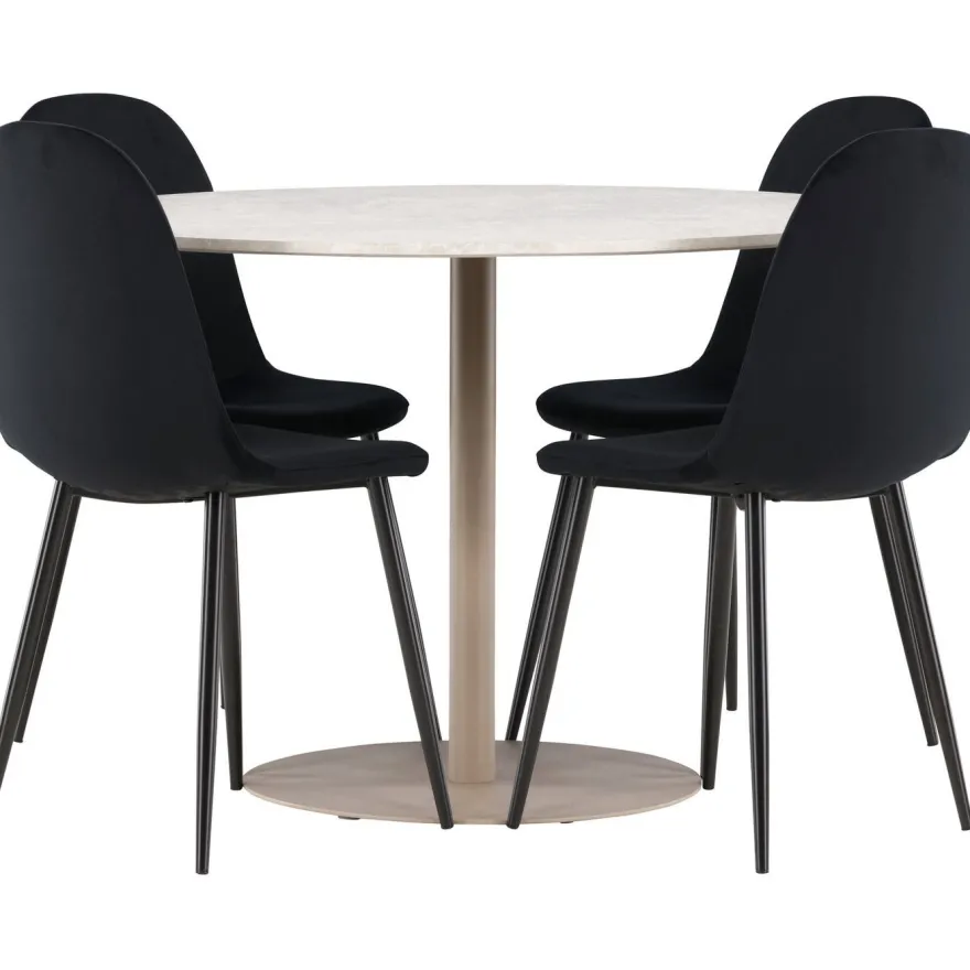 Pyöreä ruokailuryhmä Venture Home, Ø110cm beige Lycke-pöytä + 4 Polar-tuolia, sametti