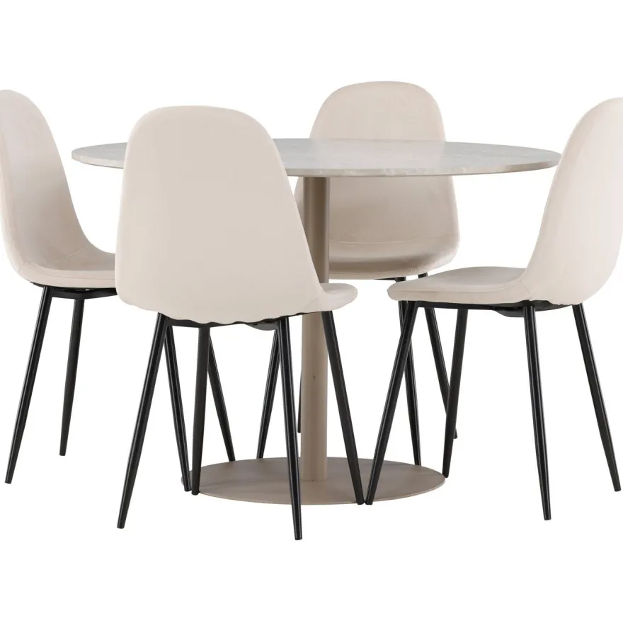 Pyöreä ruokailuryhmä Venture Home, Ø110cm beige Lycke-pöytä + 4 Polar-tuolia, sametti
