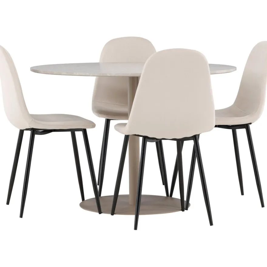 Pyöreä ruokailuryhmä Venture Home, Ø110cm beige Lycke-pöytä + 4 Polar-tuolia, sametti