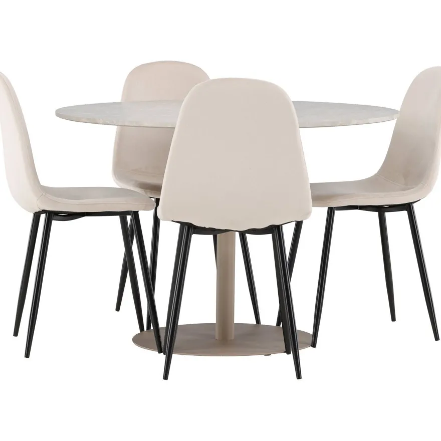 Pyöreä ruokailuryhmä Venture Home, Ø110cm beige Lycke-pöytä + 4 Polar-tuolia, sametti