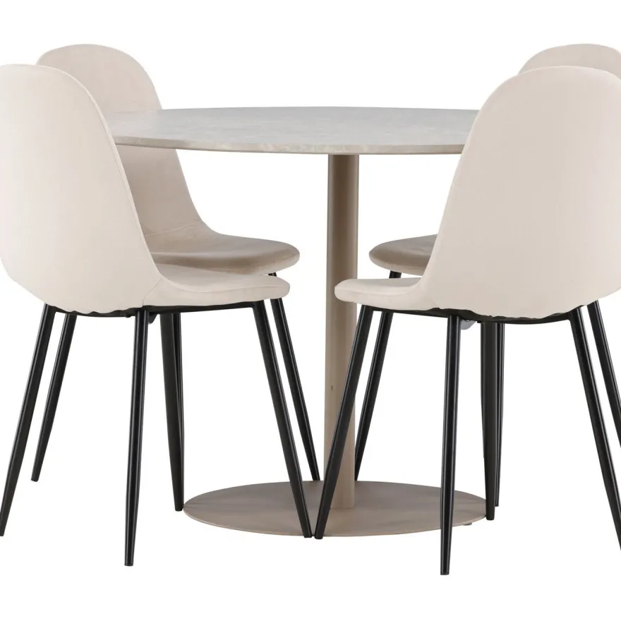 Pyöreä ruokailuryhmä Venture Home, Ø110cm beige Lycke-pöytä + 4 Polar-tuolia, sametti