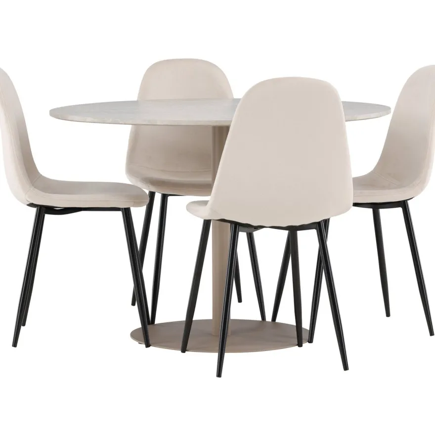 Pyöreä ruokailuryhmä Venture Home, Ø110cm beige Lycke-pöytä + 4 Polar-tuolia, sametti