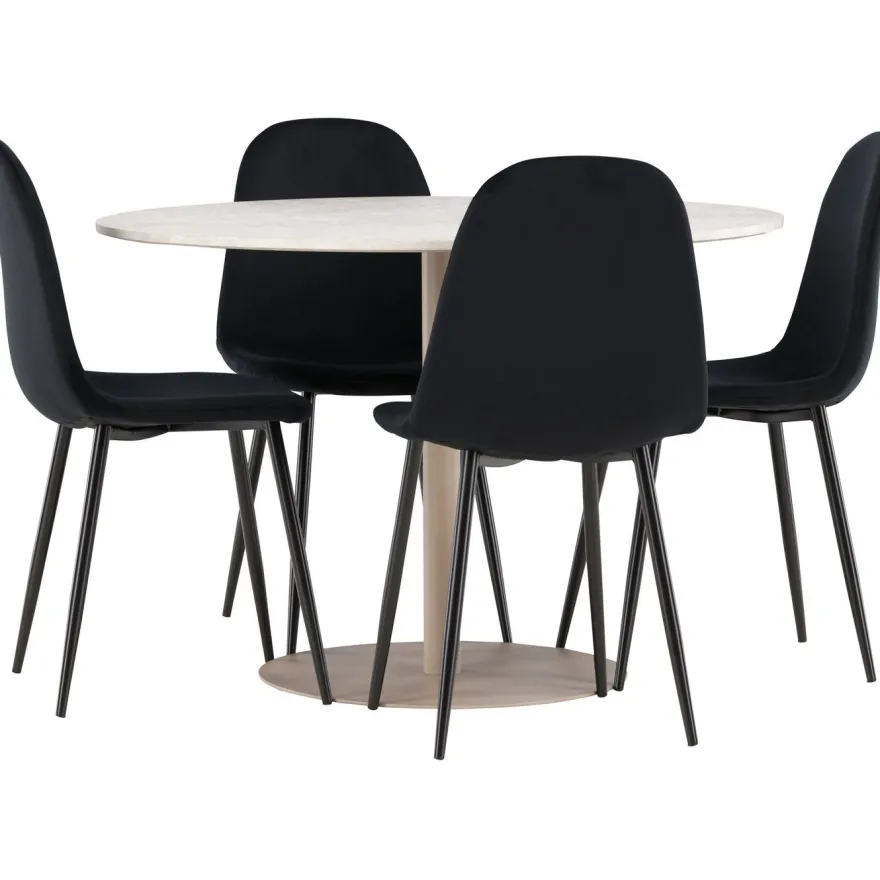 Pyöreä ruokailuryhmä Venture Home, Ø110cm beige Lycke-pöytä + 4 Polar-tuolia, sametti