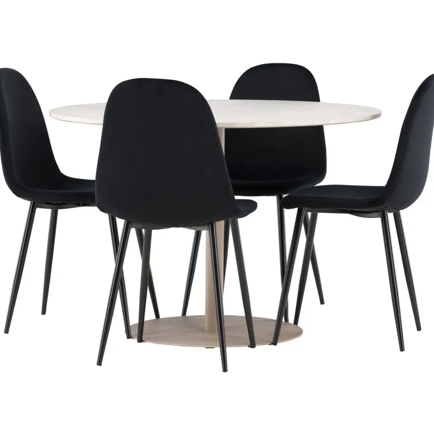 Pyöreä ruokailuryhmä Venture Home, Ø110cm beige Lycke-pöytä + 4 Polar-tuolia, sametti