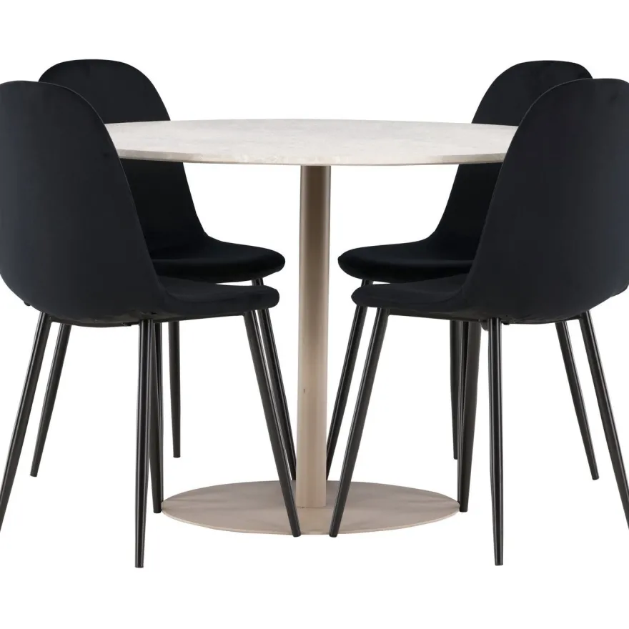 Pyöreä ruokailuryhmä Venture Home, Ø110cm beige Lycke-pöytä + 4 Polar-tuolia, sametti