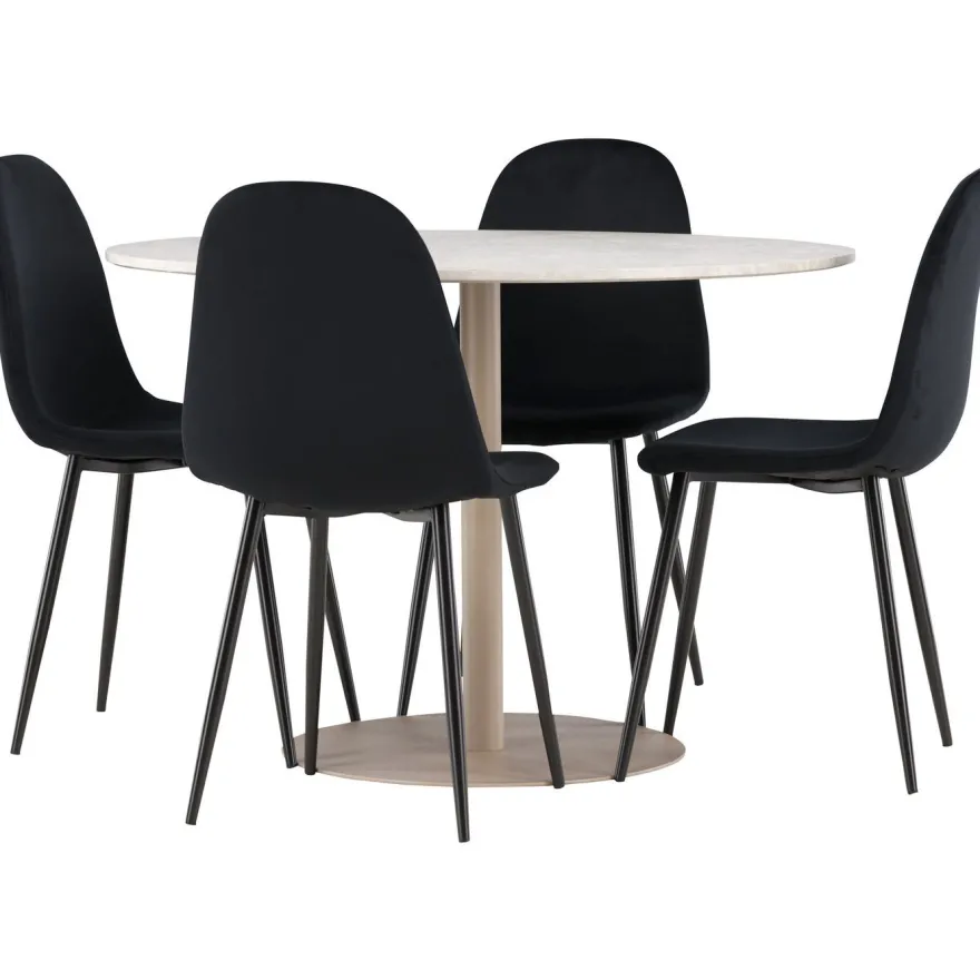 Pyöreä ruokailuryhmä Venture Home, Ø110cm beige Lycke-pöytä + 4 Polar-tuolia, sametti