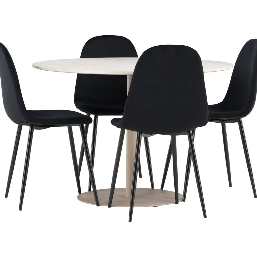 Pyöreä ruokailuryhmä Venture Home, Ø110cm beige Lycke-pöytä + 4 Polar-tuolia, sametti