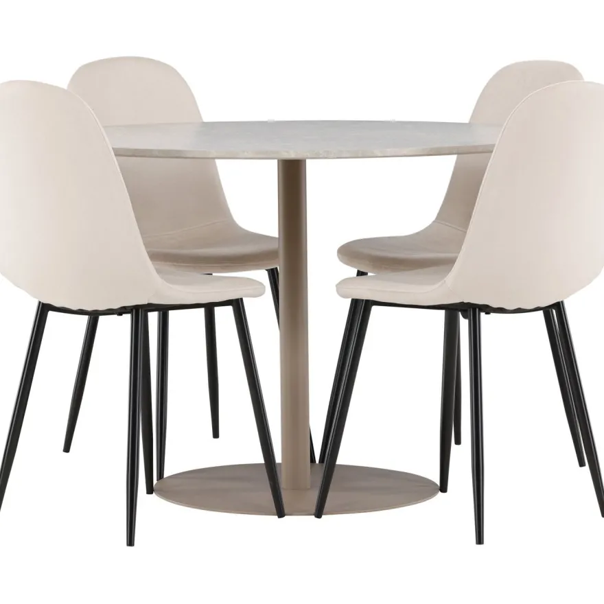 Pyöreä ruokailuryhmä Venture Home, Ø110cm beige Lycke-pöytä + 4 Polar-tuolia, sametti