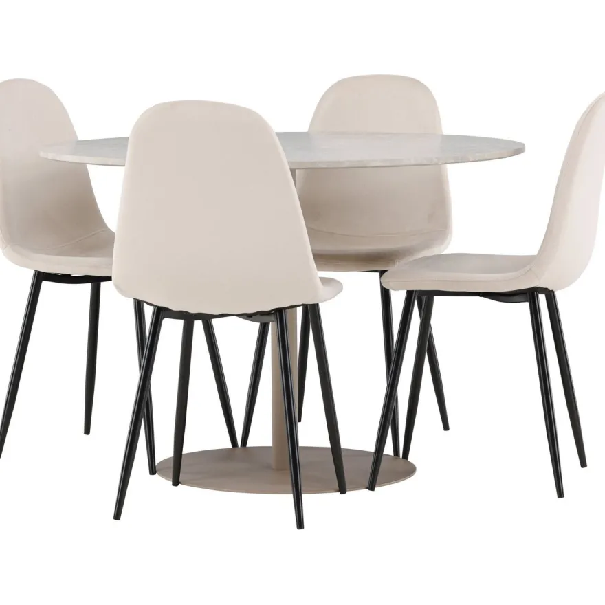 Pyöreä ruokailuryhmä Venture Home, Ø110cm beige Lycke-pöytä + 4 Polar-tuolia, sametti
