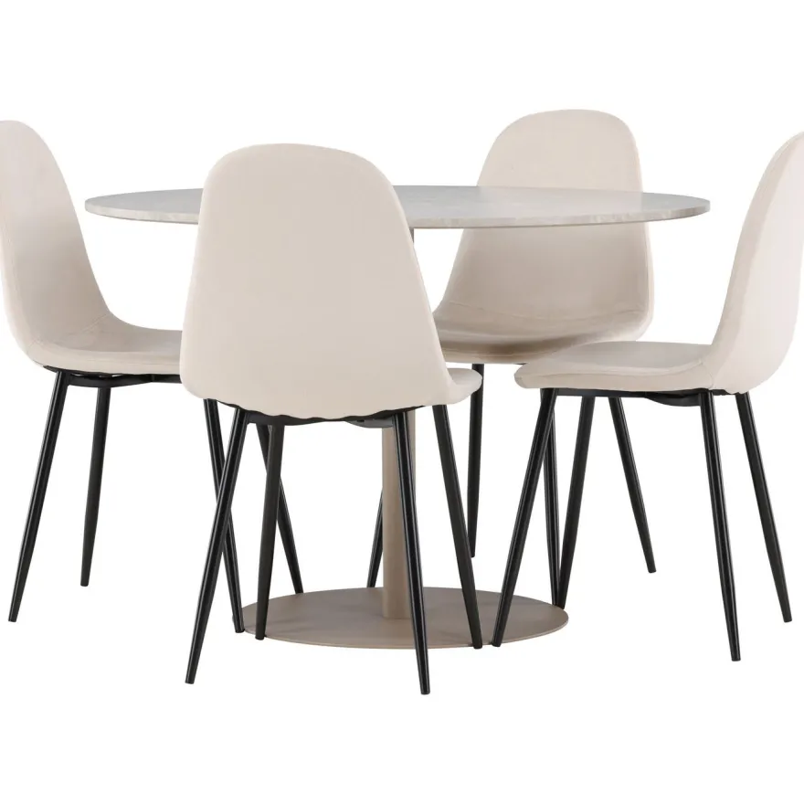 Pyöreä ruokailuryhmä Venture Home, Ø110cm beige Lycke-pöytä + 4 Polar-tuolia, sametti