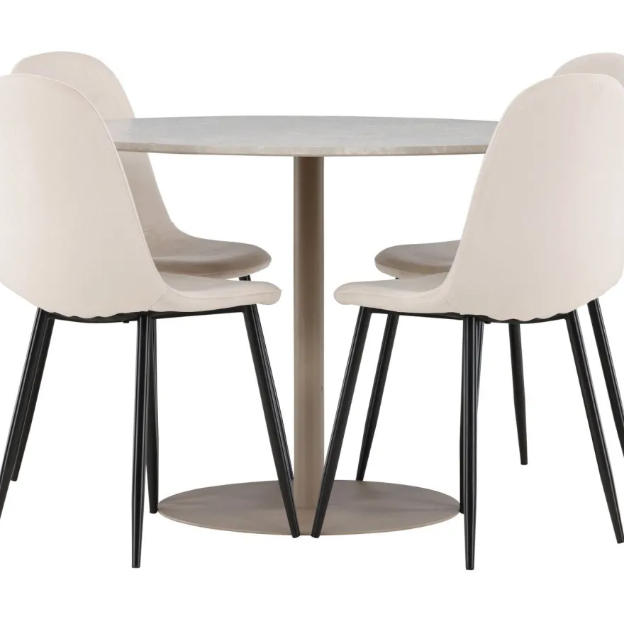 Pyöreä ruokailuryhmä Venture Home, Ø110cm beige Lycke-pöytä + 4 Polar-tuolia, sametti