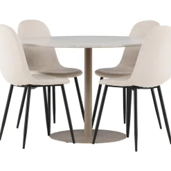Pyöreä ruokailuryhmä Venture Home, Ø110cm beige Lycke-pöytä + 4 Polar-tuolia, sametti