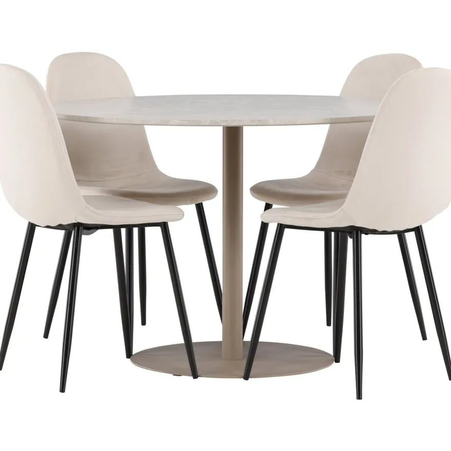 Pyöreä ruokailuryhmä Venture Home, Ø110cm beige Lycke-pöytä + 4 Polar-tuolia, sametti