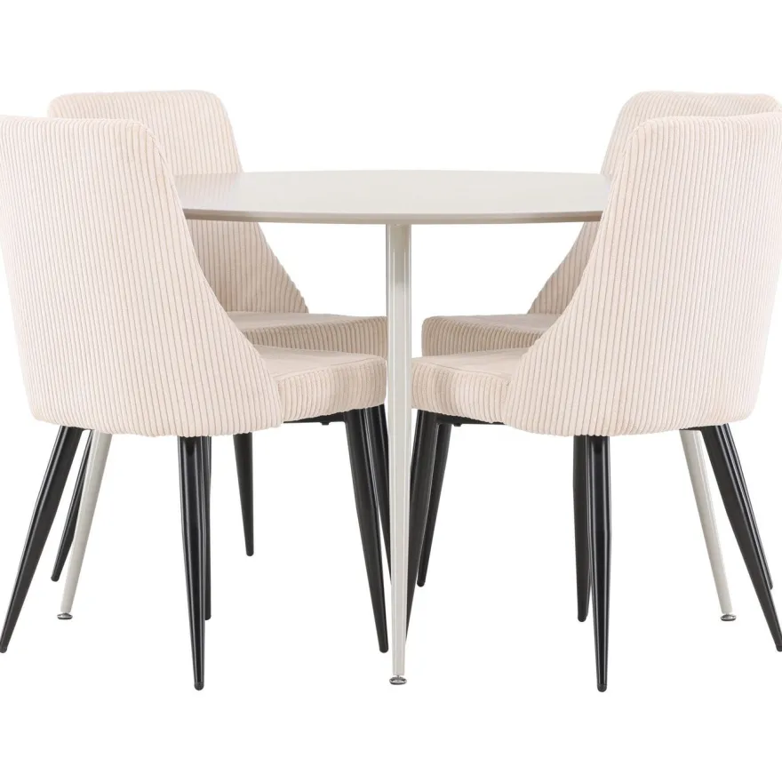 Pyöreä ruokailuryhmä Venture Home, Ø120cm beige Plaza-pöytä + 4 beigeä Leone-tuolia, vakosametti