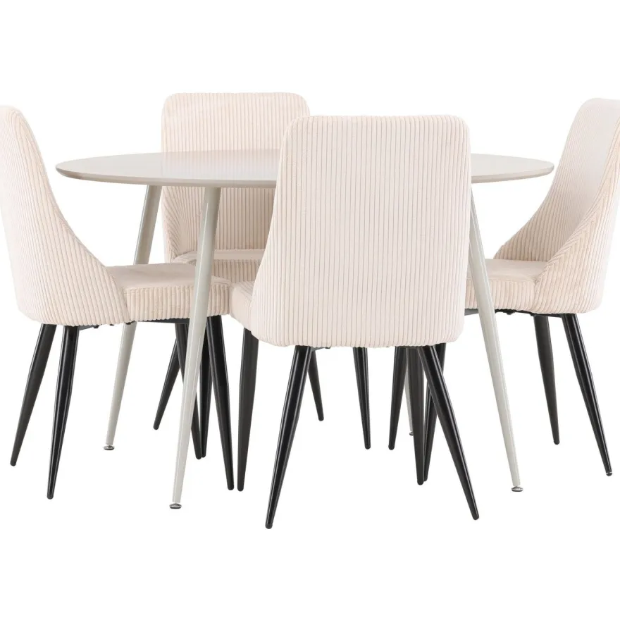 Pyöreä ruokailuryhmä Venture Home, Ø120cm beige Plaza-pöytä + 4 beigeä Leone-tuolia, vakosametti