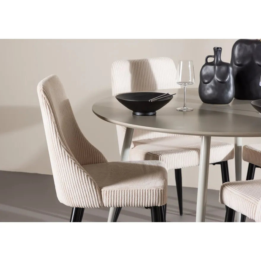 Pyöreä ruokailuryhmä Venture Home, Ø120cm beige Plaza-pöytä + 4 beigeä Leone-tuolia, vakosametti