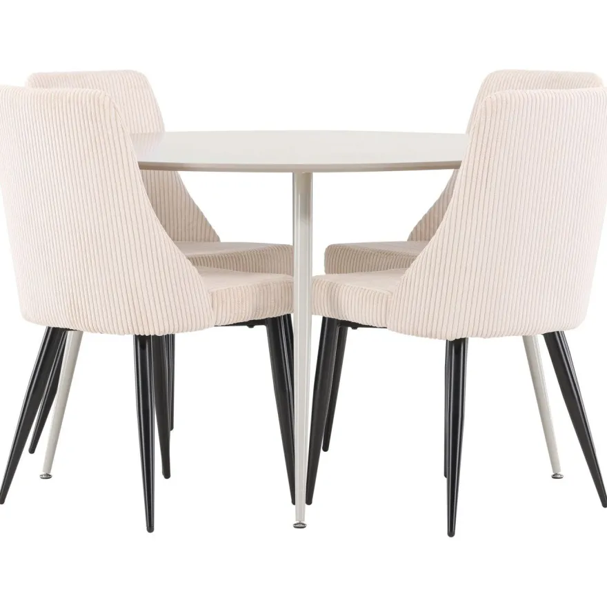 Pyöreä ruokailuryhmä Venture Home, Ø120cm beige Plaza-pöytä + 4 beigeä Leone-tuolia, vakosametti