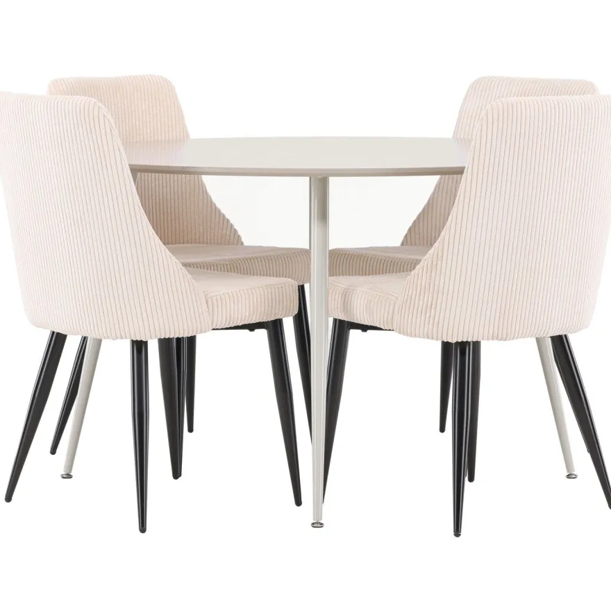 Pyöreä ruokailuryhmä Venture Home, Ø120cm beige Plaza-pöytä + 4 beigeä Leone-tuolia, vakosametti