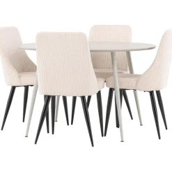Pyöreä ruokailuryhmä Venture Home, Ø120cm beige Plaza-pöytä + 4 beigeä Leone-tuolia, vakosametti