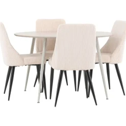 Pyöreä ruokailuryhmä Venture Home, Ø120cm beige Plaza-pöytä + 4 beigeä Leone-tuolia, vakosametti