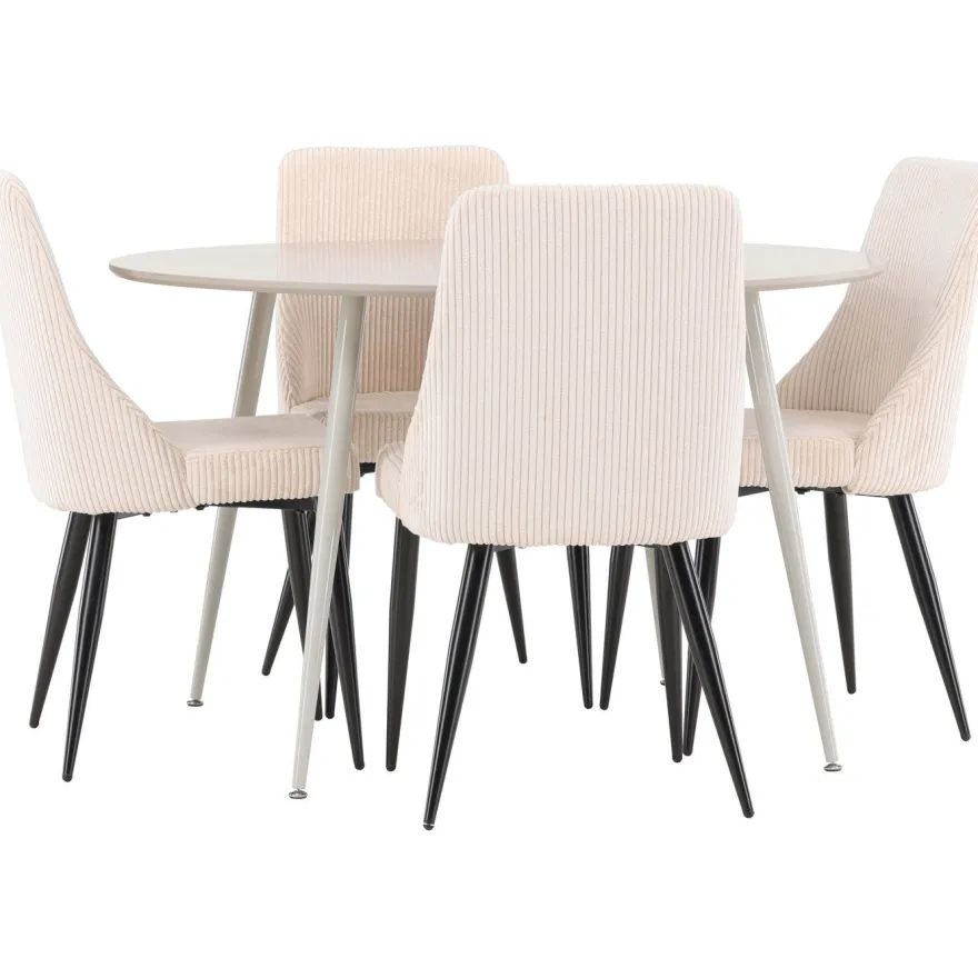Pyöreä ruokailuryhmä Venture Home, Ø120cm beige Plaza-pöytä + 4 beigeä Leone-tuolia, vakosametti