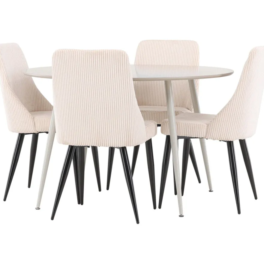 Pyöreä ruokailuryhmä Venture Home, Ø120cm beige Plaza-pöytä + 4 beigeä Leone-tuolia, vakosametti