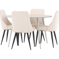Pyöreä ruokailuryhmä Venture Home, Ø120cm beige Plaza-pöytä + 4 beigeä Leone-tuolia, vakosametti