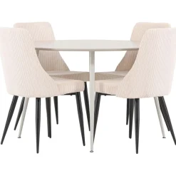 Pyöreä ruokailuryhmä Venture Home, Ø120cm beige Plaza-pöytä + 4 beigeä Leone-tuolia, vakosametti