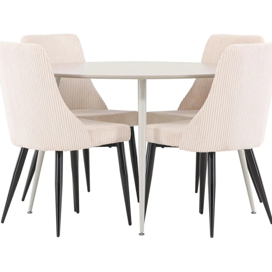 Pyöreä ruokailuryhmä Venture Home, Ø120cm beige Plaza-pöytä + 4 beigeä Leone-tuolia, vakosametti
