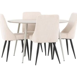 Pyöreä ruokailuryhmä Venture Home, Ø120cm beige Plaza-pöytä + 4 beigeä Leone-tuolia, vakosametti