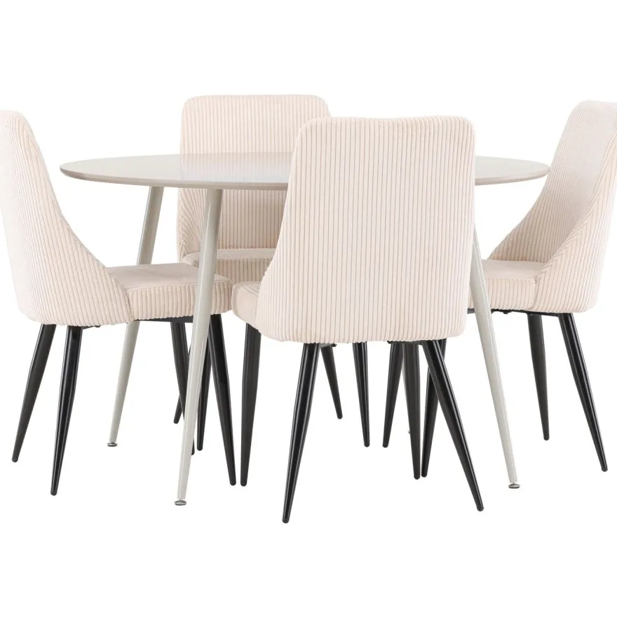 Pyöreä ruokailuryhmä Venture Home, Ø120cm beige Plaza-pöytä + 4 beigeä Leone-tuolia, vakosametti