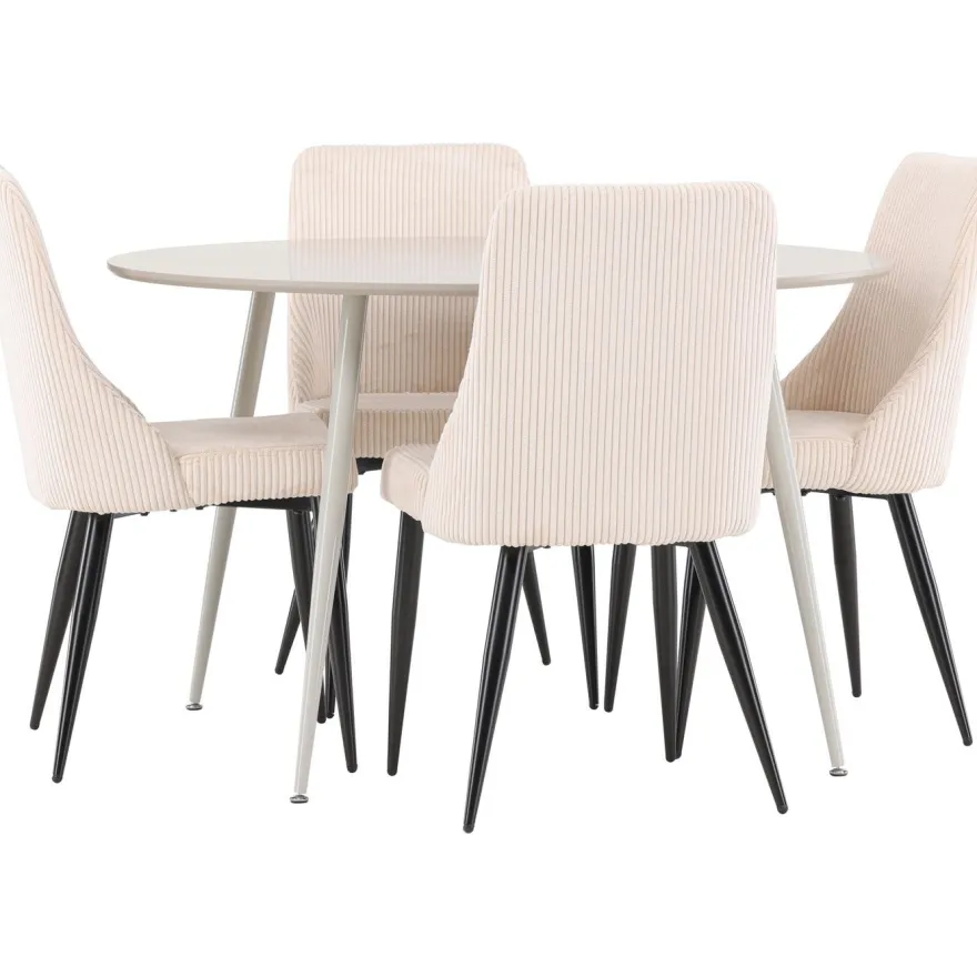 Pyöreä ruokailuryhmä Venture Home, Ø120cm beige Plaza-pöytä + 4 beigeä Leone-tuolia, vakosametti