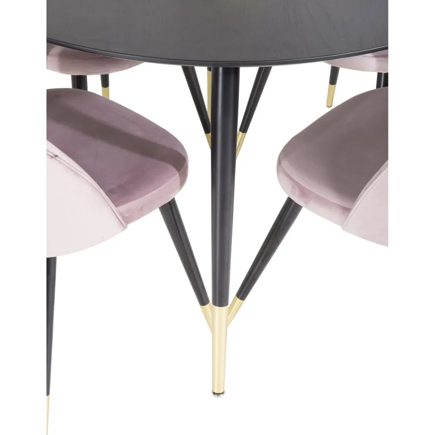 Pyöreä ruokailuryhmä Venture Home, Ø115cm musta Dipp-pöytä + 4 vaaleanpunaista Velvet-tuolia